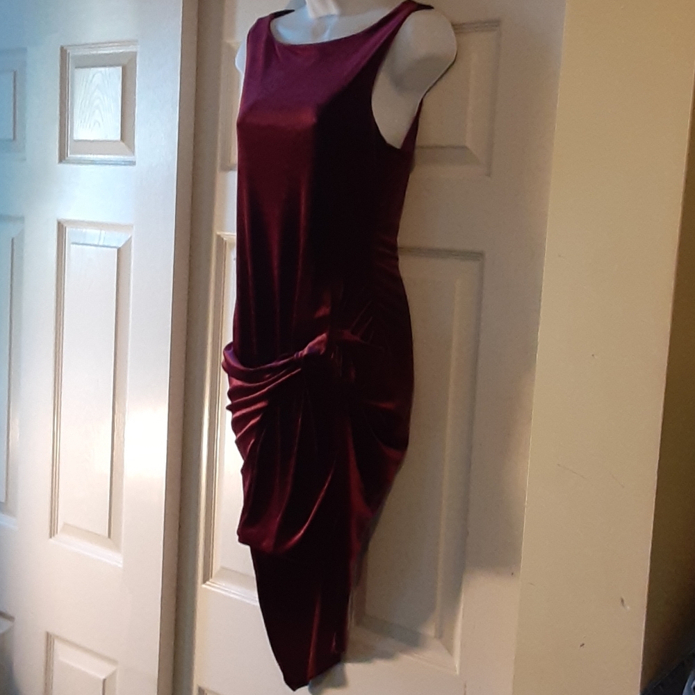 Venus Burgundy Velvet Asymmetrical Dress Medium Draped Knot Cocktail Party - Picture 7 of 12